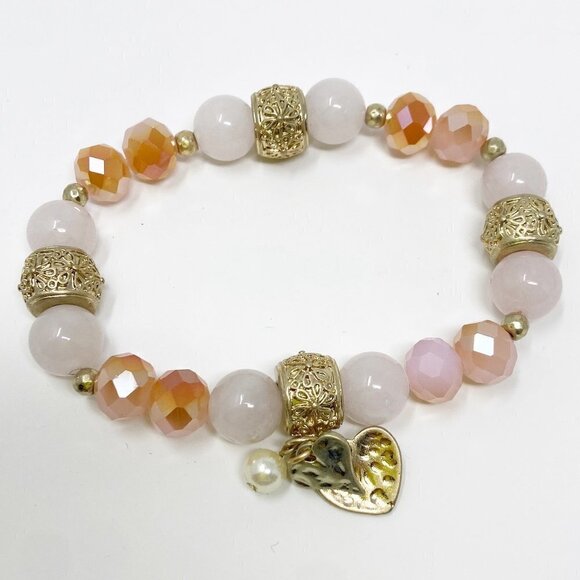 Pink Beaded Stretch Bracelet w/Love Hearts and Pearl Charms - Picture 2 of 4